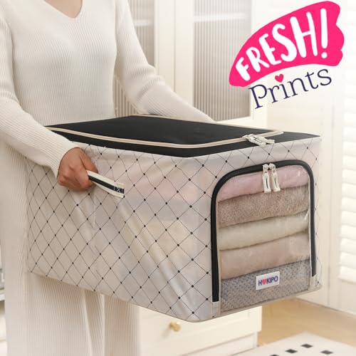 Image of HOKIPO Clothes Storage Box, 600D Oxford Fabric Organiser for Wardrobe, Ivory Noir - Extra Large Pack of 2 (AR-6490-BLK*2)