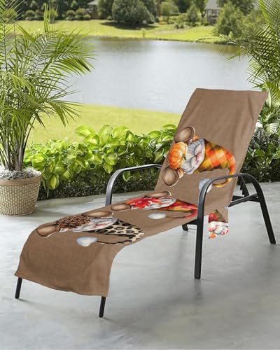 Fall Thanksgiving Beach Chair Towel Covers for Chaise Lounge with Side Pocket, Soft Plush Pool Towels Cover for Patio Sunbathing Outdoor 29''x85'' Farmhouse Gnomes Leopard Maple Pumpkin