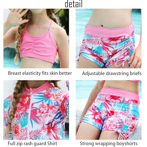 Image of Funnycokid Girls Swimsuit 3 Pieces Zip Rash Guard Bathing Suits Set Kids Bikini Boyshort Summer Swimwear 3-14 Years
