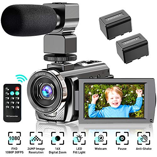 Video Camera Camcorder YouTube Vlogging Camera HD 1080P 30FPS 24MP 16X Digital Zoom 3' LCD 270 Degrees Rotatable Screen Digital Camera Recorder with Microphone,Remote Control,2 Batteries