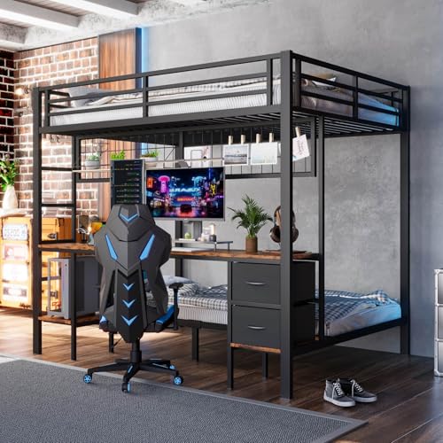 PUGSDRLY Lit Mezzanine 2 Places avec Bureau et étagères,Lit Superposé 140x200 et 90x200,2 Tiroirs,Bande LED et Port USB,Grille Suspendue,Cadre en Fer pour...