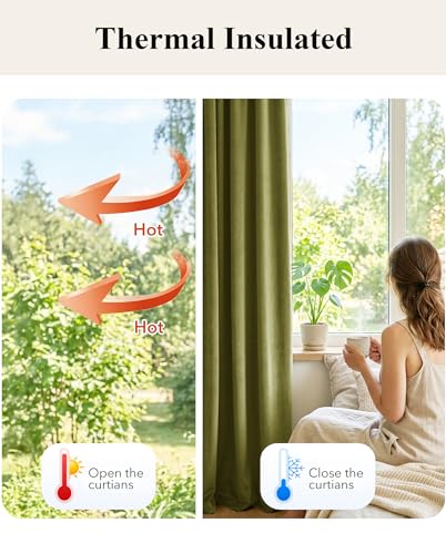 Image of Olive Green Velvet Luxury Drapes for Living Room, W52 x L100, 2 Pcs | Christmas Holiday Decor, 300GSM Heavy Soft Velvet, UV Protection, Heat Insulated, Privacy, Back Tab for Bedroom, Living Room