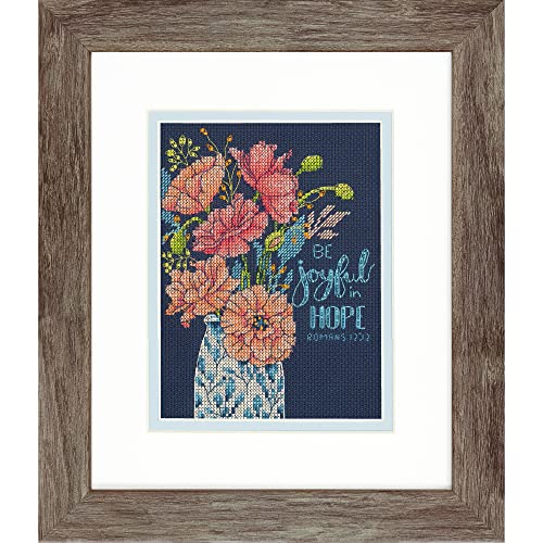 Image of Dimensions 70-65221 Be Joyful in Hope Floral Counted Cross Stitch Kit for Beginners, 14 Cnt. Navy Aida, 5 inch x 7 inch