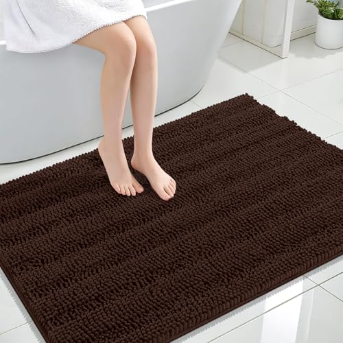Image of OLANLY Thick Large Bathroom Rugs 44x32, Extra Soft Absorbent Chenille Striped Bath Rugs, Rubber Backing, Machine Wash Dry, Bath Mats for Bathroom Floor, Tub and Shower, Home Decor Accessories, Brown
