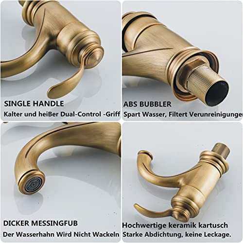 BOAOTX Wasserhahn Bad Antik, Waschtischarmatur Retro, Mischbatterie Waschbecken Armatur, Badarmatur Messing Nostalgie Gebürsteter für Badezimmer