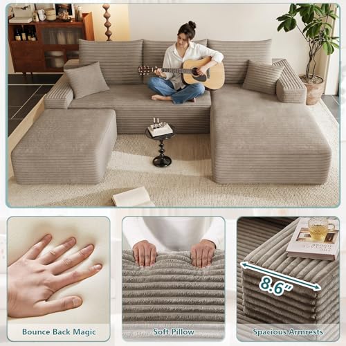 Image of 95 inch U-Shape Cloud Couch, Modern Modular Sectional L-Shape Sofa with Ottoman, Corduroy Upholstered Couches Deep Seat Sleeper Chaise Longue for Living Room, No Assembly Required(Camel, Right Facing)