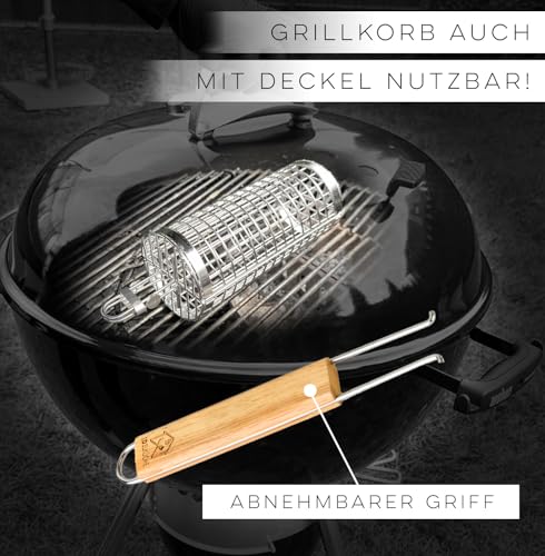 EdelKüche Premium Grillkorb (XXL) aus Edelstahl für Gemüse und Fleisch | Rund, Zylindrisch | Grillzubehör | super Geschenk