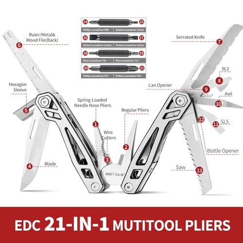 WETOLS Multitool with Pocket Knife, Birthday Gifts for Men Women Mom Dad, 21-in-1 Stainless Steel Pliers with Screwdrivers, Self-locking Multi tools with EDC Sheath, Ideal for Home, Camping, Survival