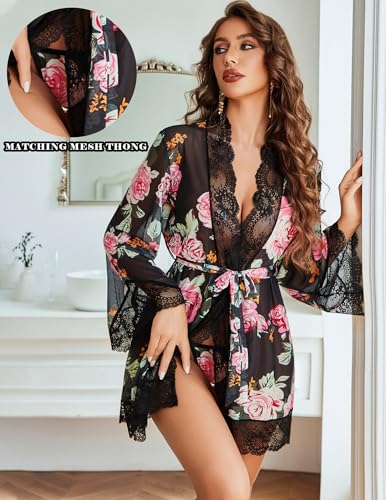 Image of Avidlove Women Lace Kimono Robe Babydoll Sexy Lingerie Mesh Chemise Nightgown Cover Up