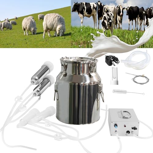 Lyfreen 13L Milking Machine for Cow and Sheep,Rechargeable Battery Automatic Pulsation Vacuum Milker Adjustable Pump,304 Stainless Steel Bucket, Portable Milker with Food-Grade Silicone Cups and Tubes