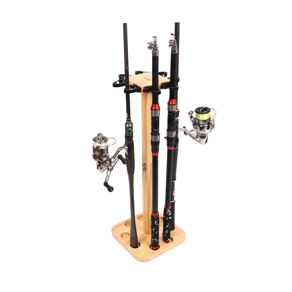 Supporto verticale per canne da pesca in legno a 8 scomparti, ideale per chalet o barca.