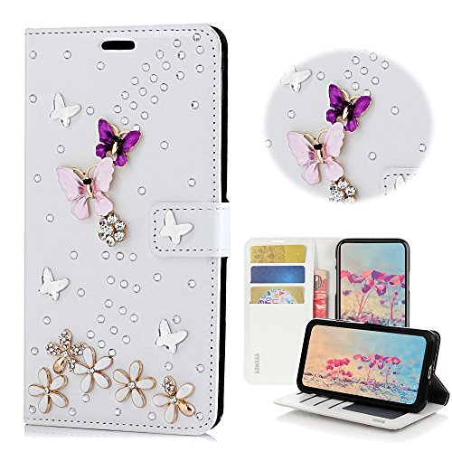 STENES Bling Case Compatible with Moto E5 Play Case - 3D Handmade Crystal S-Link Butterfly Floral Wallet Credit Card Slots Fold Stand Leather Cover - White