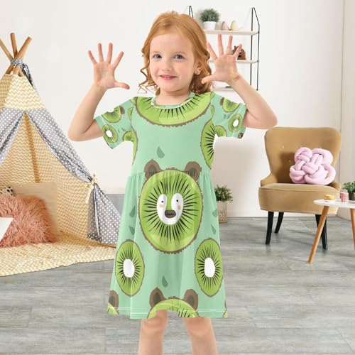 Bear's Face Kiwi Slices Girls Dress Short Sleeve Dress Casual Dresses 2-8Y4