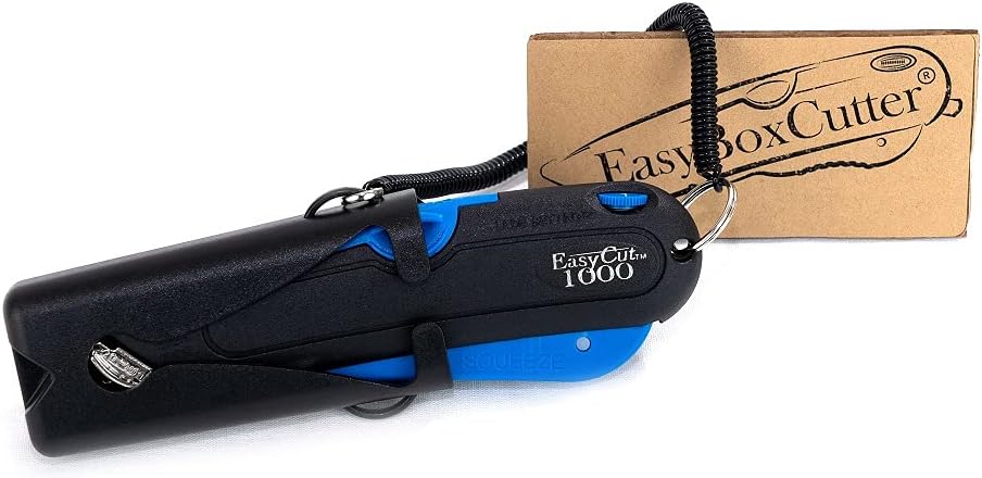 Easy Cut Modern Box Cutter, 3 Blade Depth Setting, Squeeze Trigger and Edge Guides, Holster, Lanyard, Extra Blade - 1000 Blue