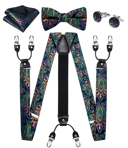 Image of DiBanGu Paisley Bow Tie and Supenders for Men Tuxedo Heavy Duty 6 Clips Suspender Adjustable Y-Shape Mens Trouser Braces