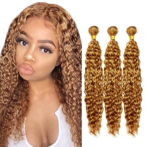 P27/30 Blonde Bundles Human Hair Deep Wave Bundles 24 26 28 Inch Unprocessed Brazilian Virgin Remy Hair 3 Bundle Highlight Brown Deep Curly Human Hair Extensions 100 Gram Per Bundle
