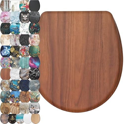 Image of Sanilo Wooden Toilet Seat with Quick Release & Soft Close [ROUND] - Decorative & Slow Close Molded Wood Seat - With One Click for Easy Installation & Cleaning - With Adjustable Fit (Mahogany)
