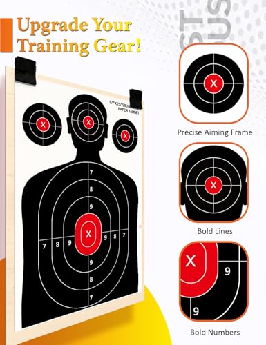 LAKINGO 50 Pack Paper Shooting Targets for Range, 17x25 Inch Silhouette Targets for Indoor/Outdoor Shooting with 480 Stickers, Compatible with Pistol, Rifles, air Gun, and BB Gun Practice