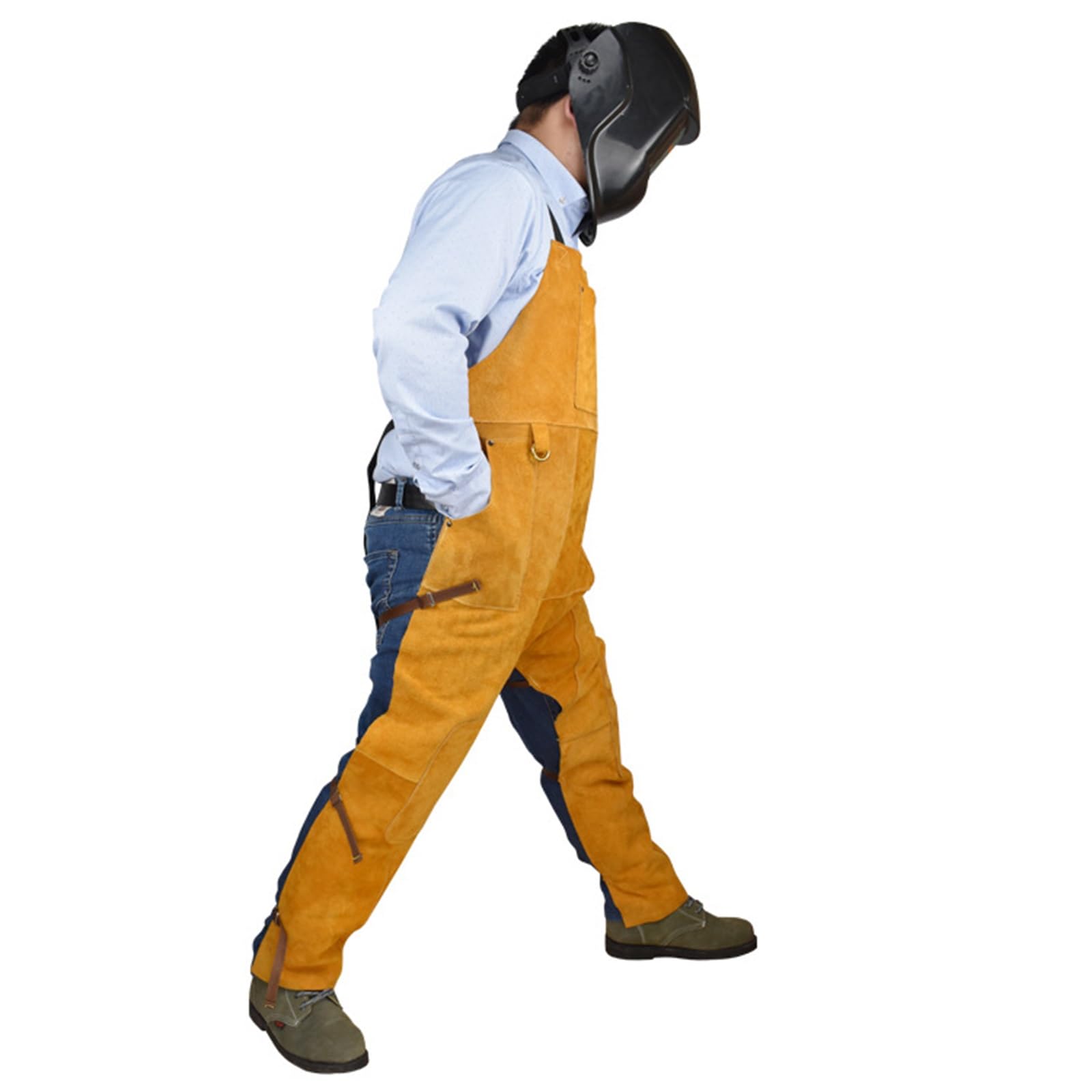 Pantalones de Soldador de Piel de Vaca con Tirantes de Pierna Dividida para Hombre, Resistentes a chispas, Llamas y Calor. Delantal con Pechera.
