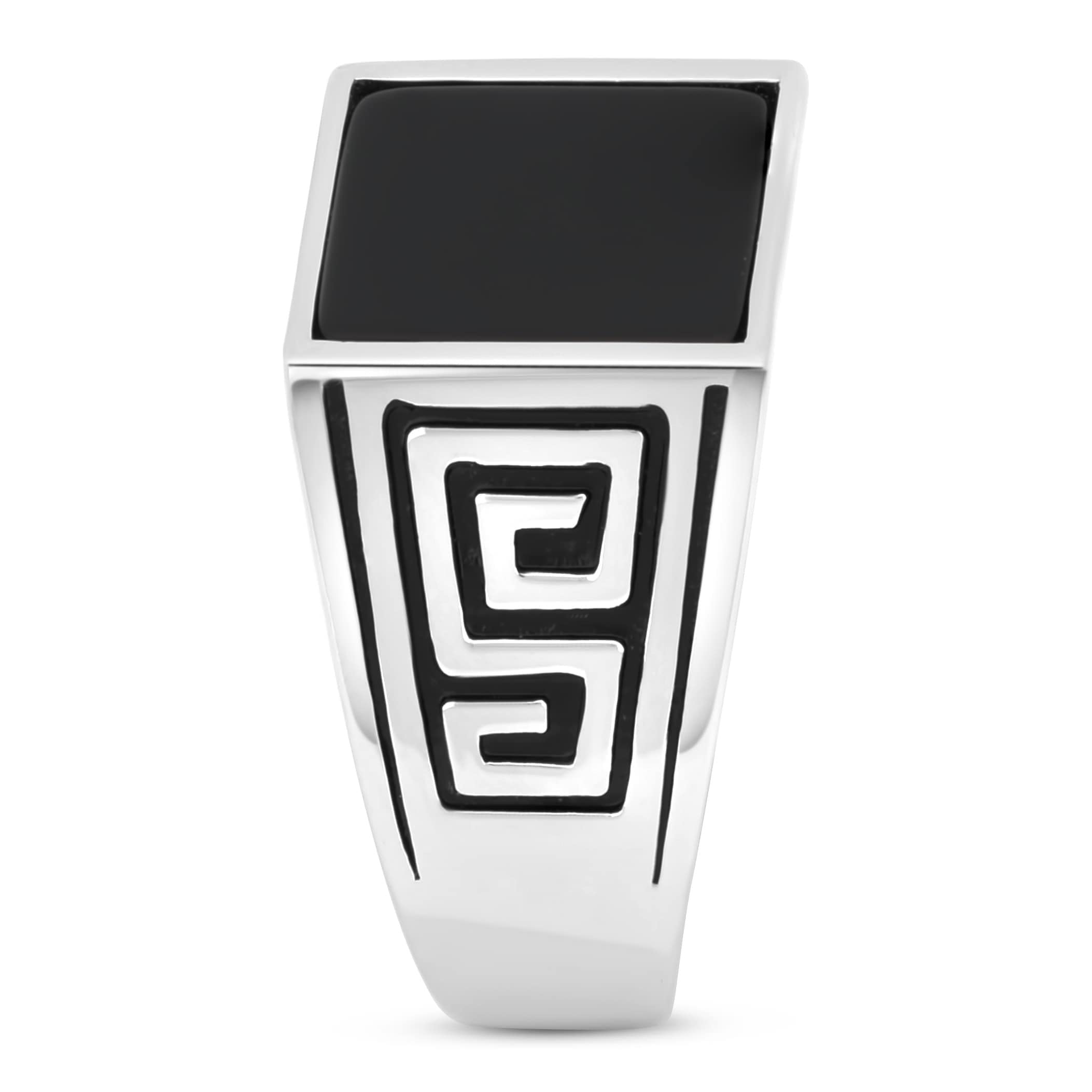 Siegelring Onyx Stein Schwarz mit griechischem Muster 925 Silber Rhodiniert Anlaufgeschützt für Herren