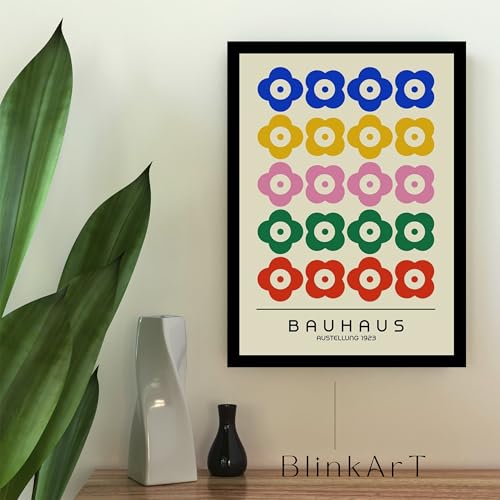 Image of BLINKART Vintage Bauhaus Retro Geometric Aesthetic Poster Gallery | Colorful Wrap Framed For Home Office Studio Living Room Modern Art Studio Decoration Abstract Shapes | (d160) | 13x10 Inch