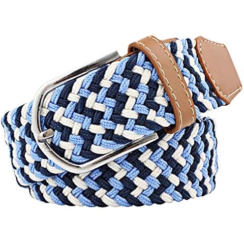 BaiX Men's Mixed Color Stretch Canvas Braided Belt Women Woven Waist Belts Navy, Blue and White Cover
