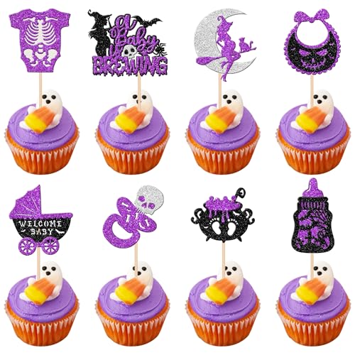 Zhuoweism ZWA1345-PURPLE 32 Pcs A Baby Is Brewing Halloween Cupcake Toppers Glitter Carriage Bottle Welcome Baby Shower Cupcake Picks cover