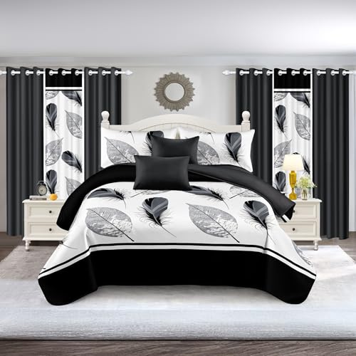 Reylox 9 pcs Queen Bed in a Bag with Curtains | Bedspread, Pillowcases, Print & Solid Curtains | Microfiber Monochrome Nature | Silky Soft, Breathable | Bedroom & RV Decor