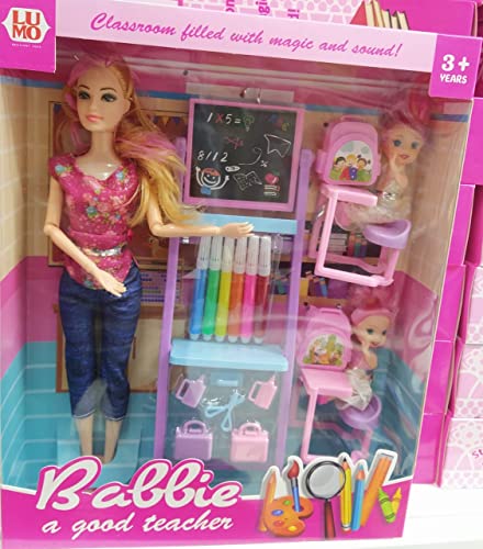 Image of Tickles Teacher Study Prime Plastic Doll Playset Set With 2 Nos Student Doll Set School Benches, School Table, Bags And Bottles - Assorted- Multi Color Size: 30 Cm