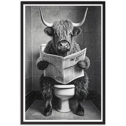Highland Cow Toilet Reading Newspaper Art - Funny Farmhouse Wall