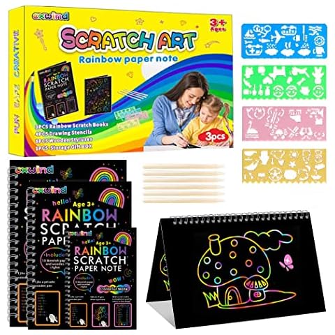 3 Pack Scratch Paper Art Notebooks - Rainbow Scratch Off Art Set for Kids Arts Crafts Supplies Set -Color Drawing Paper Kit for Kids Birthday Game Party Favor for 3-12 Year Old Girls Boys (black) Cover