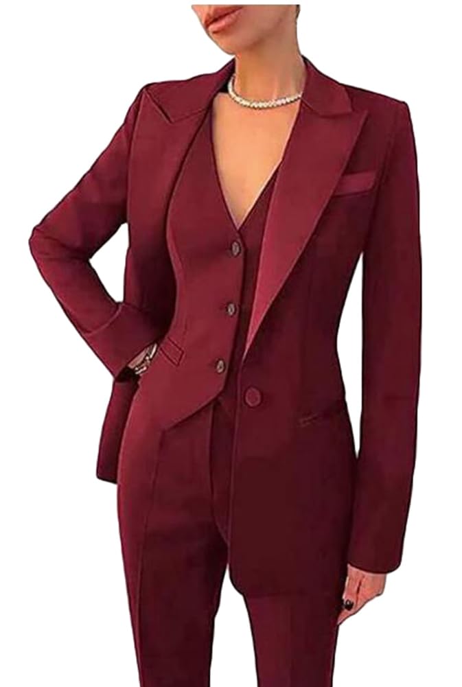 Botong Women's Burgundy 3 Piece Office Work Suit Blazer Vest Pants Business Outfits Pants Suit Set Prom Party Suit Xxl