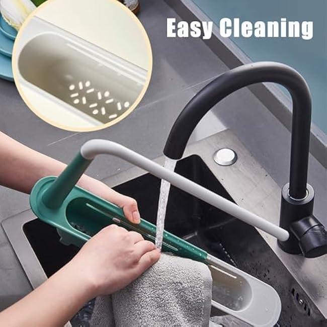 Updated Telescopic Sink Storage Rack, Sponge Organizer for Kitchen Sink, Adjustable Telescopic Storage Rack Drainage Rack (E-Black)