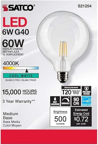 Miniatura 4 de Satco 6Pk 6w G40 Globo Filamento LED 4000K Base Mediana Regulable - 60W Equiv