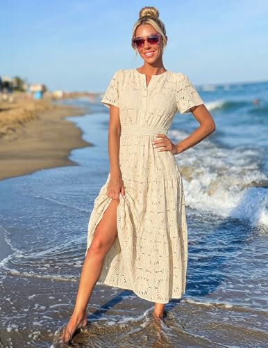 Image of MEROKEETY Women's Summer Floral Eyelet Lace Maxi Dress 2026 | Short Sleeve, Tiered Flowy, Boho Beach Vacation, A Line, Elastic High Waist, V Neck, Side Pockets, Elegant Formal Long Dress