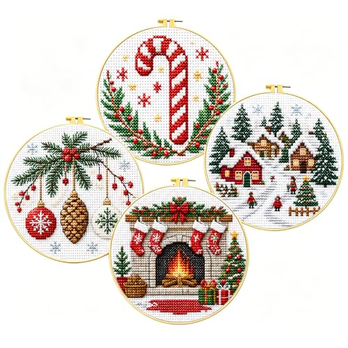 Zhenqing 11CT Stamped Cross Stitch Kit for Adults - 4-Piece Christmas Embroidery Set with 20x20cm Fabric Plastic 16cm Hoop Threads & Instructions Holiday Decor (68447)