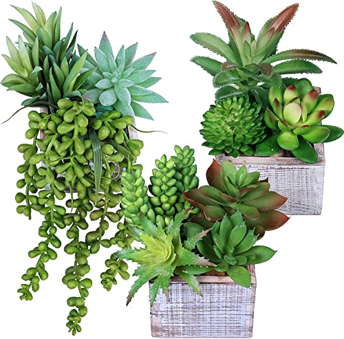 Set Of 3 Small Potted Succulents Plants Arrangement Decoration Assorted Green Fake Succulents Plants In Rustic Wooden Pots For Home Living Room Bathroom Table Windowsill Shelf Office Desk Indoor Decor #TOP13