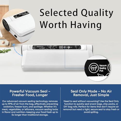 Image of Food Saver Vacuum Sealer Machine, 75KPA Strong Suction for Dry /Wet Foods, Digital Countdown Timer, Compact Design with LED Lights, Includes 20 Vacuum Seal Bags, Ideal for Home Kitchen Use