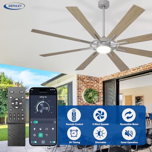 Image of Depuley 66-Inch Ceiling Fan with Light: Modern 8-Blade Silver and Wood Grain Indoor Outdoor Fans with Remote App Control Dimmable Light - Ultra Quiet DC Motor Reversible 6 Speed Timer