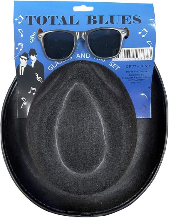 ANZEE Blues Brothers Hat Sunglasses Tie & Sideburns 70s 80s Gangster Kit - Fancy Dress Costume for World Book Day Themed Set (2Pcsd Set Hat+Glasses)