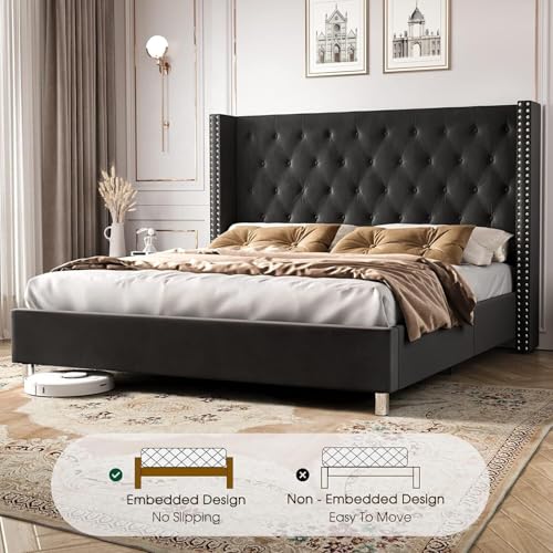 Image of Wooden Modern Upholstered King Size Bed for Bedroom | Wooden Double Bed Without Storage | Platform Cot Upholstered Bed with Upholstery Fabric | Engineered Wood | 6.5 x 6 Ft | Black Waylen