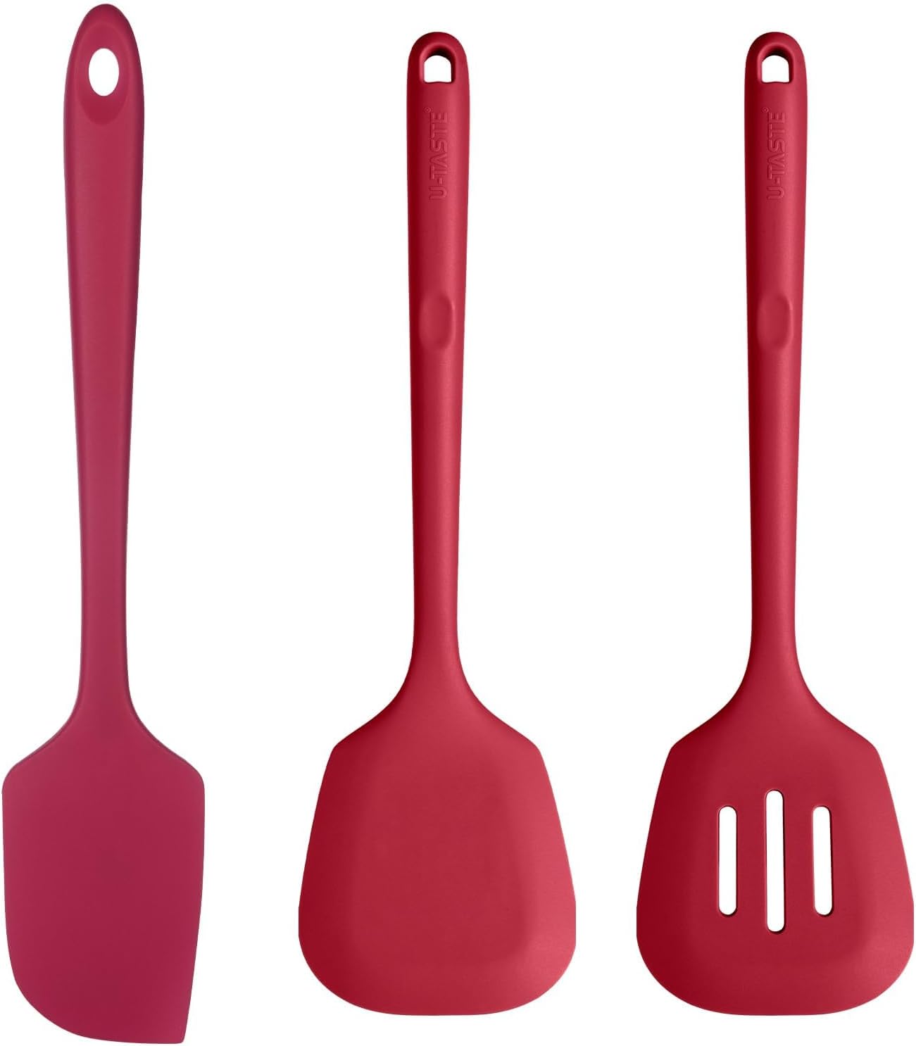 U-Taste 600ºF Heat Resistant BPA Free 14in Extra Long Silicone Spatula (Red), and 600℉ Heat Proof Long & Wide Silicone Solid & Slotted Turner Set of 2 for Egg, Pancake (Red)
