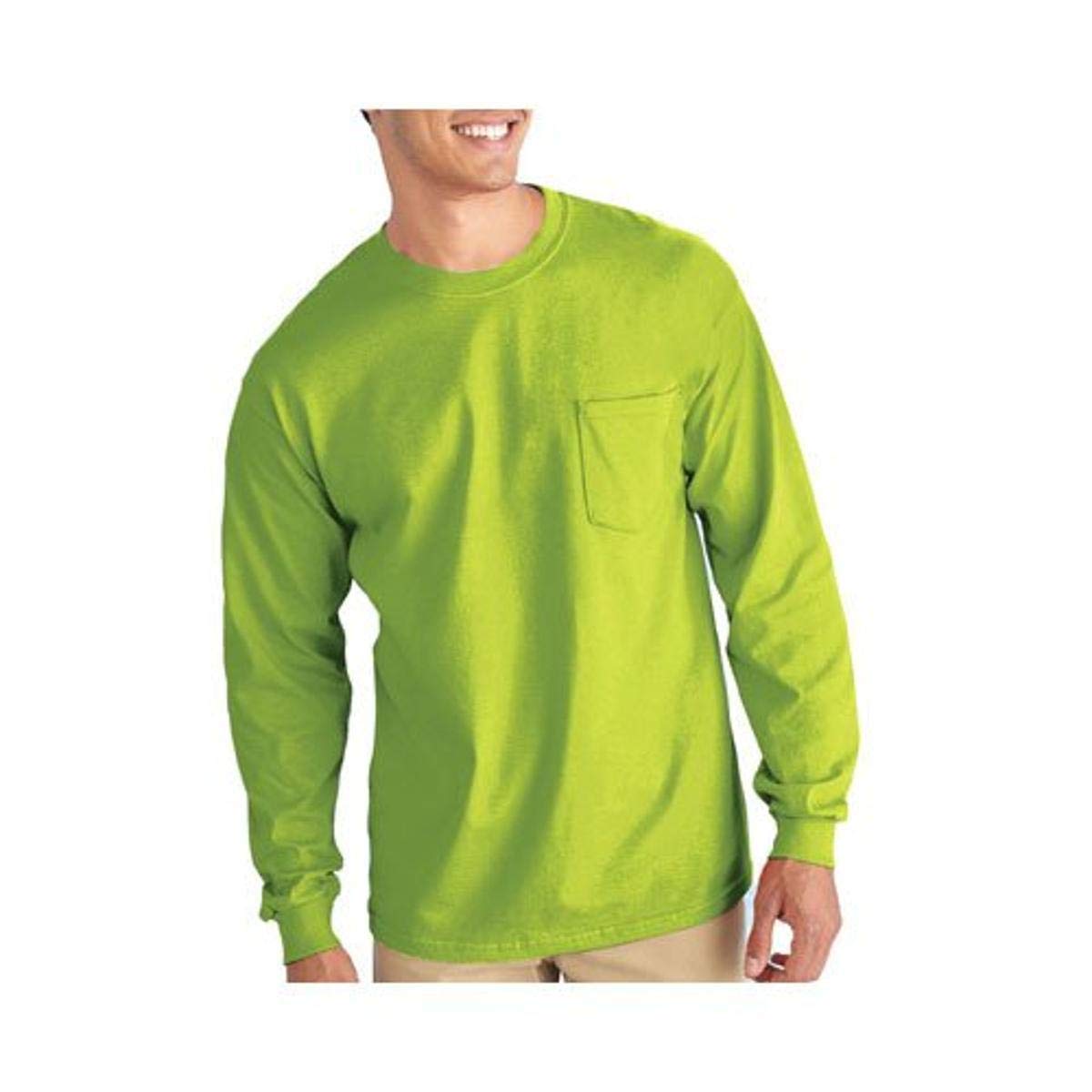 Pocket T-Shirt, Long Sleeve, Safety Green, Medium
