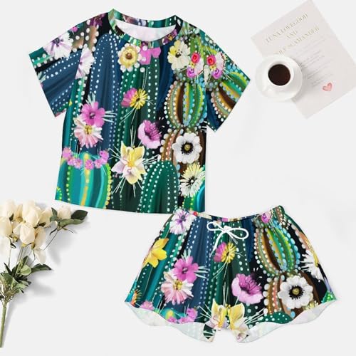 Pyjama femme manches courtes ensemble de pyjama pour femme coton été cactus