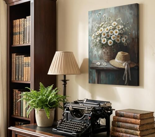 Image of WBNJXNZ Rustic Farmhouse Daisy Floral Canvas Wall Art Vintage Country Floral Wall Decor Flower Still Life Botanical Straw Hat Prints Artwork For Living Room Bedroom Bathroom Home Decoration