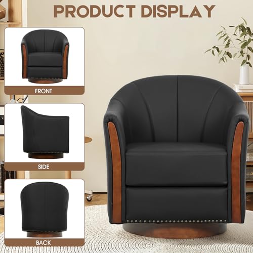 Image of Couchus 360 Swivel Accent Chair, Modern Leather Barrel Club Chair with Leather Upholstery and Sturdy Wood Base, Comfortable Armchair for Living Room, Bedroom, Reading Nook, Black