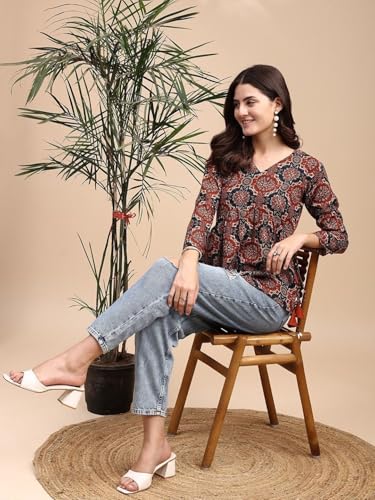 Image of MAHIRA'S Women's Short Kurti, Black Rayon Tunic Top with Embroidered Sleeves, 3 /4 Designer Sleeves