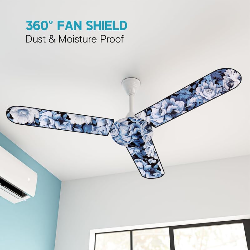 Image of Dustproof Premium Three Blade Ceiling Fan Cover with attachable Enclosure, Set of 1 Fan Cover (Blue Flower).