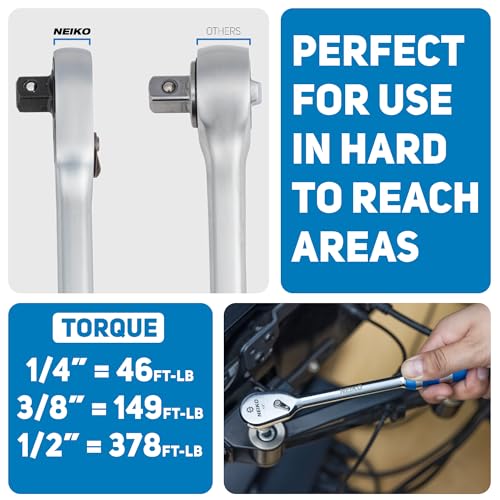 Image of NEIKO 03006A Flat Head Ratchet Set - 3 Piece Low Profile 1 /4, 3 /8, 1 /2 Inch Drive, 90 Teeth, Anodized Textured Grip Handle, Long Handle, Sealed Head, Cr-Mo