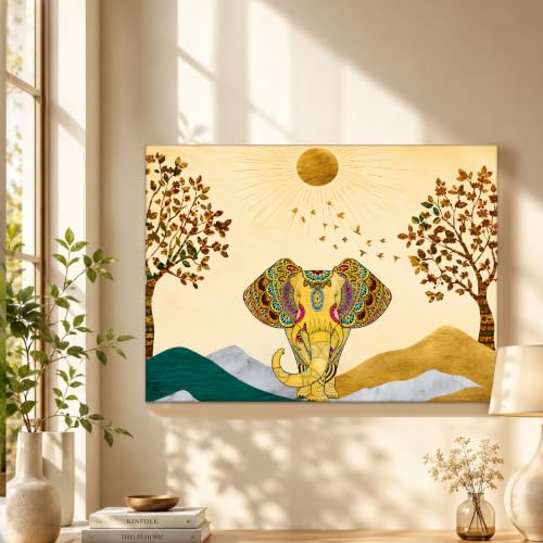 Image of PAINTINGMANTRA istic Elephant Theme Multicolored 1 Stretched Canvas Painting, Outer Size-16x22 Inch